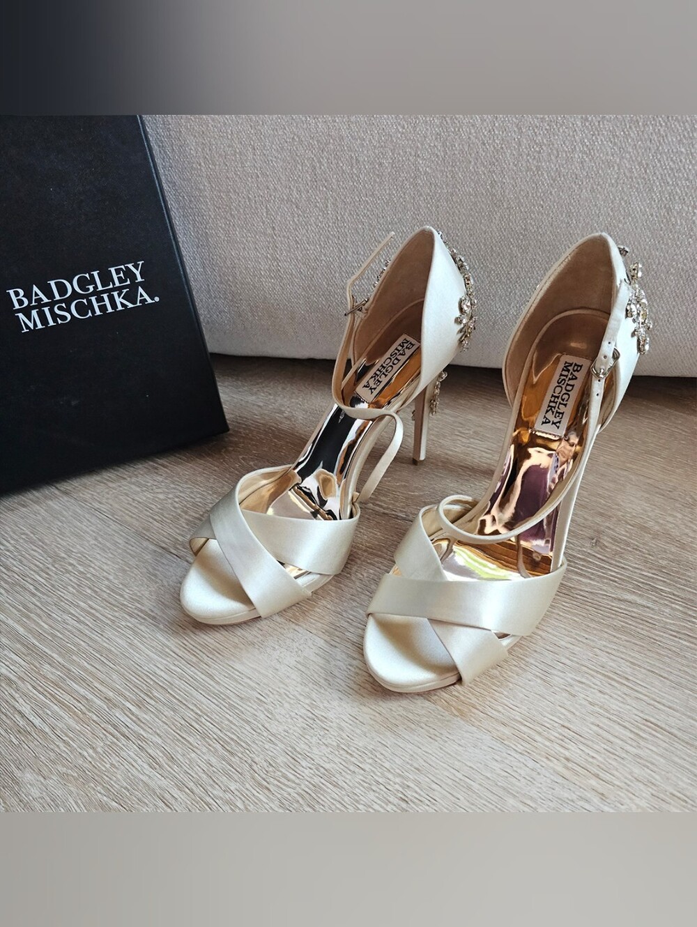 Badgley Mischka Fame Ivory Satin Crisscross Open-Toe Heels with Crystal Accent - Picture 6 of 11
